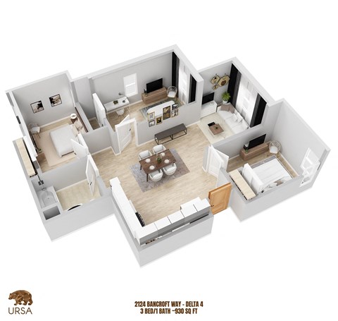 Floor plan for 3 beds, 1 bath, 930 sqft